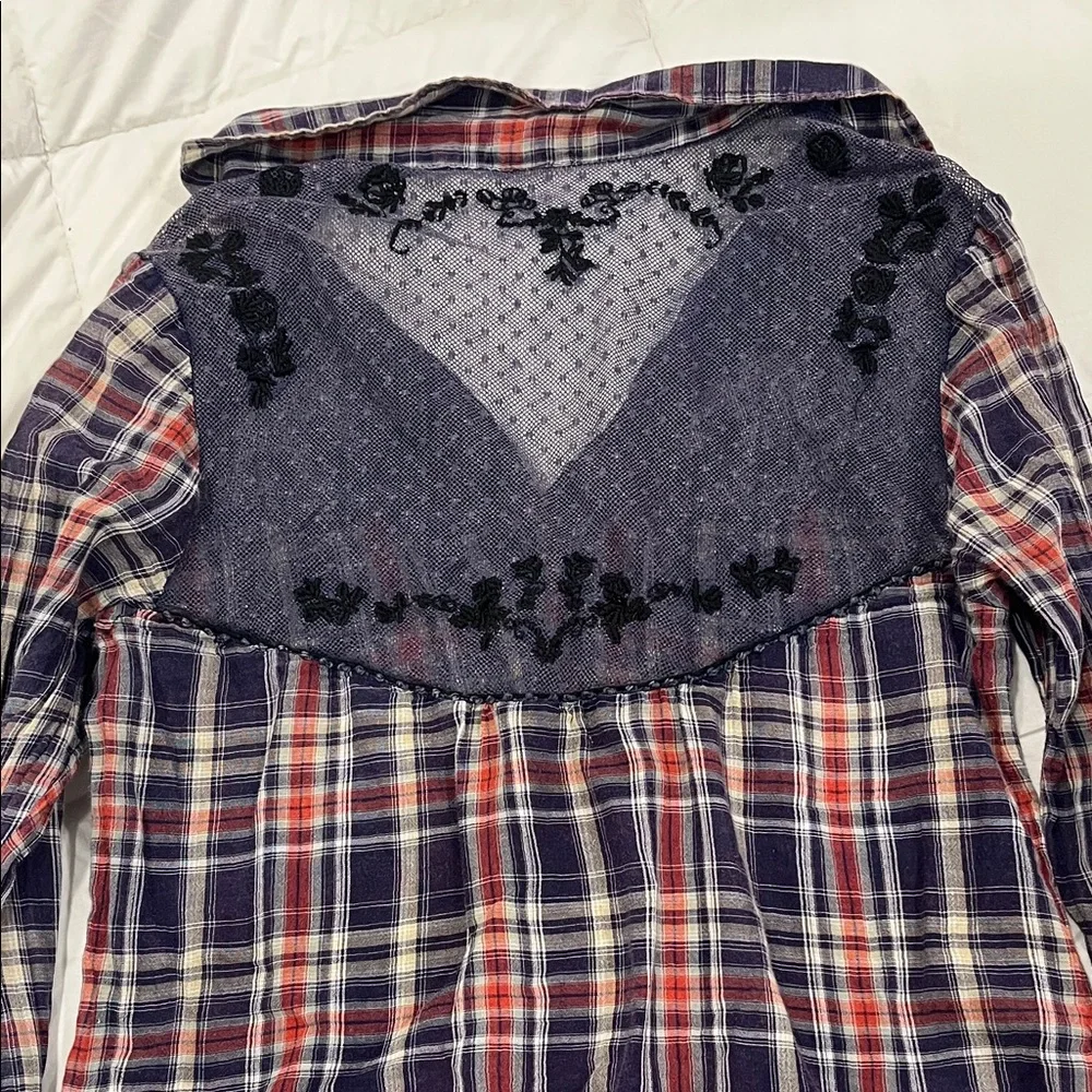 Free People Floral Lace Insert Plaid Cotton Top Long Sleeve Women's Size S - Picture 5 of 6